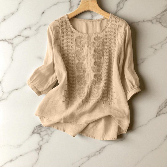 Floral Embroidered Cotton Linen Blouse for Women